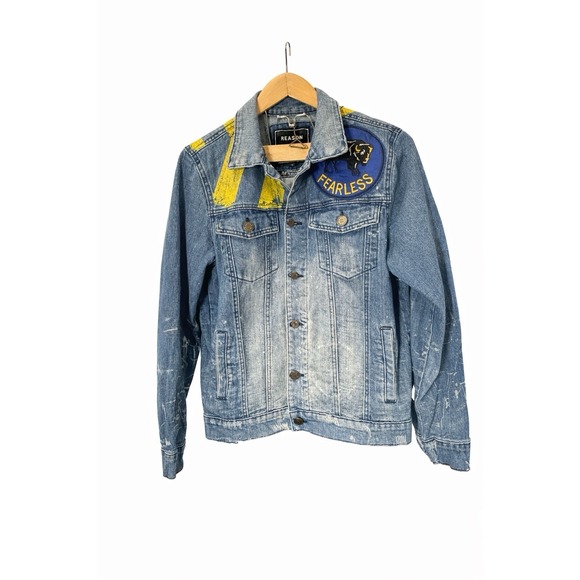 Reason Other - Reason Fearless Buffalo Patch Distressed Denim Trucker Jacket Paint Splatter S